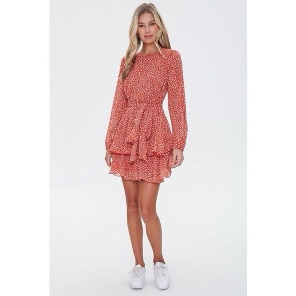 Forever 21 Dress Long Sleeve Polka Dot Tie Waist Round Neck Sz Large